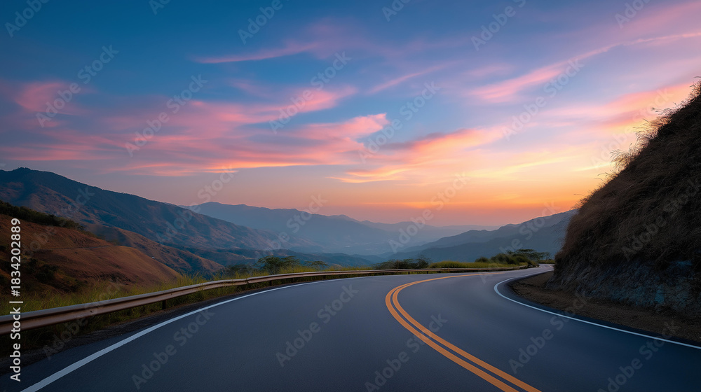 Fototapeta premium Serpentine asphalt highway cutting through mountainous terrain at golden hour, dramatic sky colors, winding route perspective, scenic transportation infrastructure, journey concept