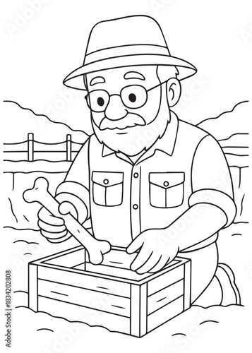 Coloring book Father archaeologist brushing artifact inside wooden crate