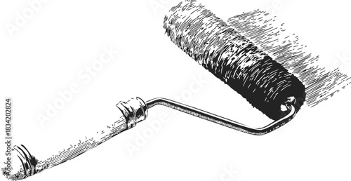 Paint roller sketch, hand drawn style, textured roller applying paint. Vector illustration