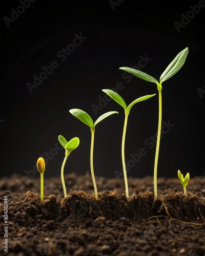 Seedlings growing in soil demonstrating plant growth stages