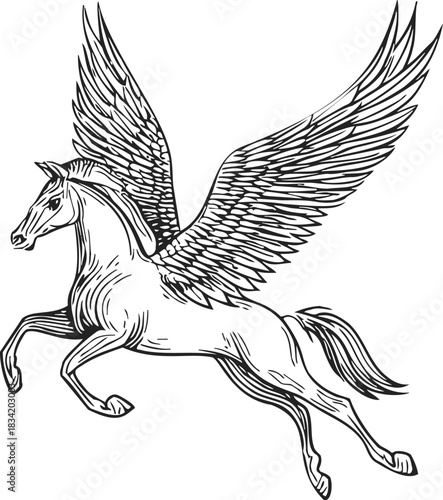 Pegasus sketch hand drawn flying mythical winged horse in dynamic pose. Vector illustration