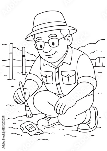 Coloring book Father archaeologist measuring artifact discovery on ground