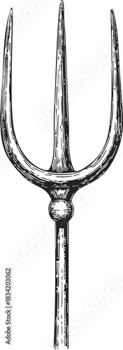 Trident sketch hand drawn three pronged spear with detailed wood texture. Vector illustration