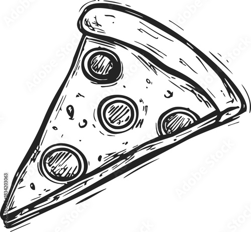 Pizza slice sketch hand drawn with pepperoni and cheese topping. Vector illustration