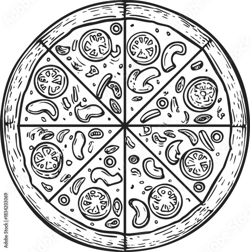 Pizza whole hand drawn sketch, sliced with tomato, mushroom, and vegetable toppings. Vector illustration