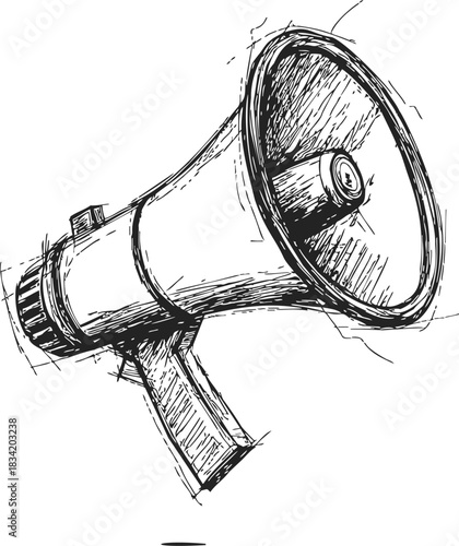 Megaphone sketch, hand drawn retro loudspeaker with detailed lines. Vector illustration