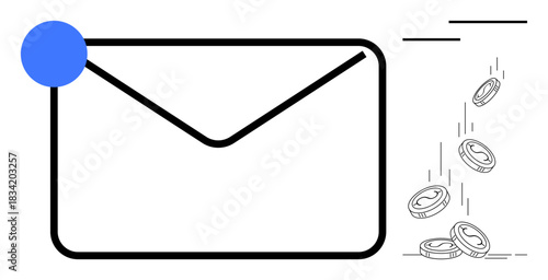 Email marketing, digital payments, financial communication, online transactions, business correspondence, secure exchanges. an envelope icon with coins to transactions. Email marketing and digital