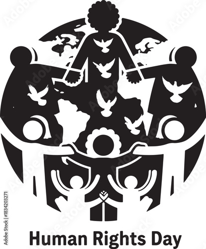 Symbolic representation of global unity and human rights advocacy with diverse figures and dove emblems, Generative Ai