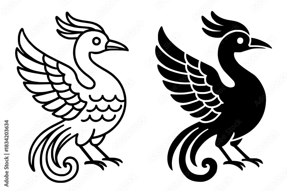 Obraz premium Icon for Chinese New Year, phoenix vector, outline and silhouette versions