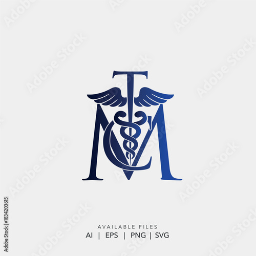 lue Medical Caduceus Logo Symbol with Snake, Wings and Letter M Monogram for Healthcare and Pharmacy