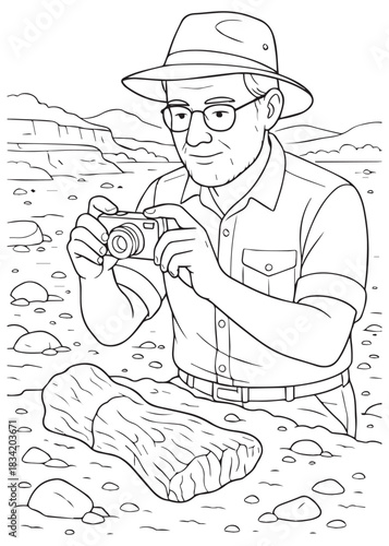 Coloring book Father archaeologist inspecting fossil using binoculars