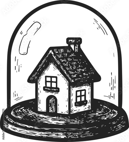 House under glass dome sketch, hand drawn miniature home in protective display. Vector illustration
