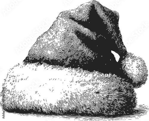 Santa hat sketch hand drawn with fluffy trim and pompom. Vector illustration