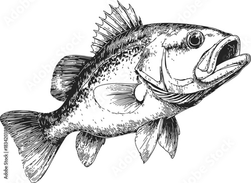 Bass fish sketch hand drawn detailed illustration with open mouth and fins. Vector illustration