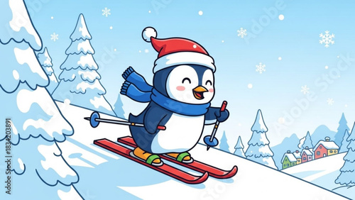 Cute cartoon penguin wearing a santa hat and scarf skiing down a snowy mountain slope with a village in the background and snowflakes falling