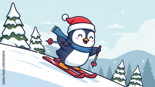 Cute cartoon penguin wearing a santa hat and scarf happily skiing down a snowy slope surrounded by snow covered evergreen trees on a bright winter day