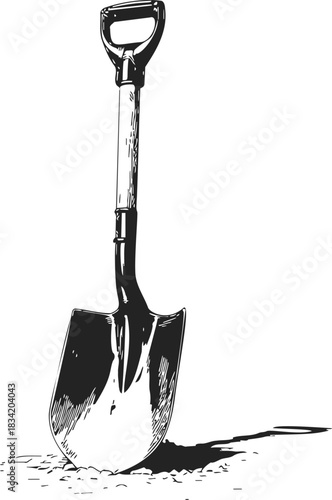 Shovel sketch hand drawn with D handle and pointed blade. Vector illustration