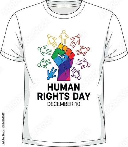 White t shirt featuring a colorful raised fist symbolizing human rights day celebration and unity, Generative Ai