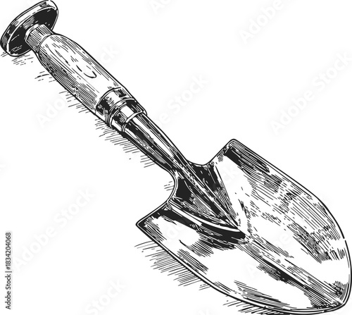 Garden trowel sketch hand drawn gardening tool with wooden handle. Vector illustration