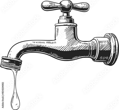 Water tap sketch hand drawn with dripping drop, vintage plumbing detail. Vector illustration