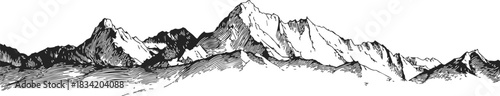 Mountain range sketch, hand drawn line art landscape with rugged peaks. Vector illustration