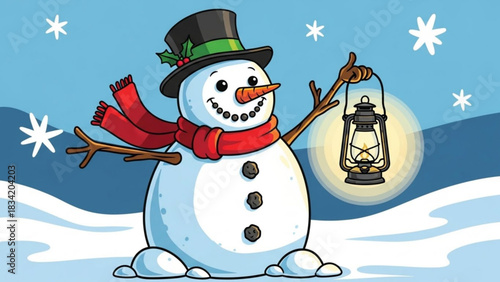 A charming cartoon snowman wearing a black top hat with holly and a red scarf holds a glowing lantern in a snowy winter landscape with snowflakes falling
