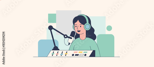 Female podcaster speaking into microphone while broadcasting live  