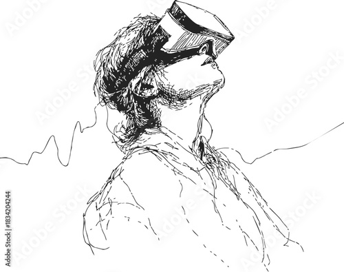 Person wearing virtual reality headset sketch, hand drawn side view, immersive technology concept. Vector illustration