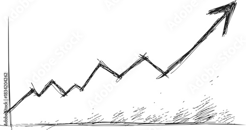 Growth chart sketch hand drawn upward trend with jagged arrow. Vector illustration