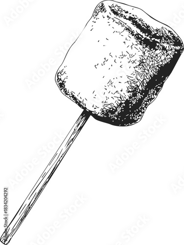 Marshmallow on stick sketch, hand drawn style, detailed campfire treat. Vector illustration
