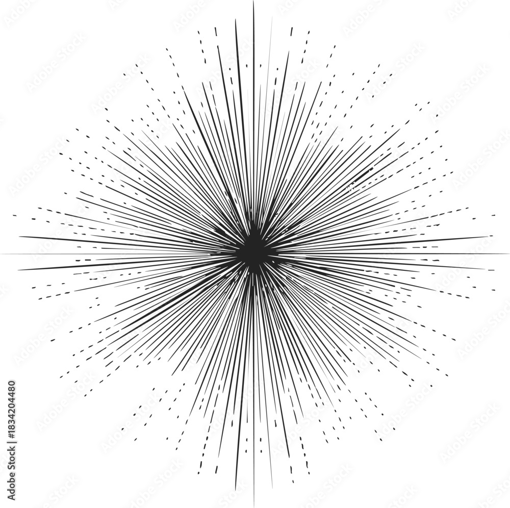 Obraz premium Starburst sketch hand drawn radial explosion with dynamic rays. Vector illustration