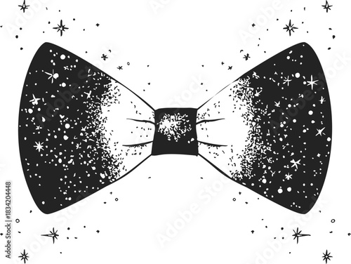 Bow tie sketch hand drawn with starry night pattern and scattered stars. Vector illustration