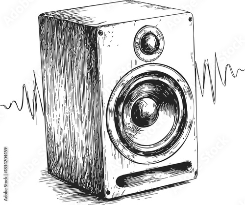 Speaker hand drawn sketch, detailed audio equipment with sound wave. Vector illustration