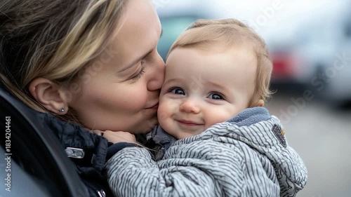 Tender Moment Mothers Loving Kiss on Adorable Babys Cheek.