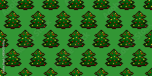 Seamless pixel Christmas tree pattern with decorated firs on green background. Retro winter holiday design for gift wrapping paper, fabric, wallpaper and cozy festive seasonal projects.