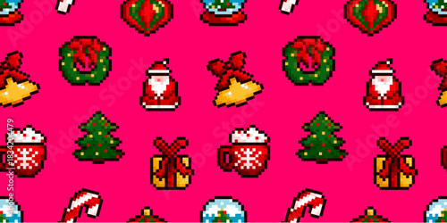 Seamless pixel Christmas pattern with Santa, trees, gifts, wreaths, bells, snow globes, candy canes and cocoa mugs on pink background. Retro festive design for winter wrapping, fabric and decor.
