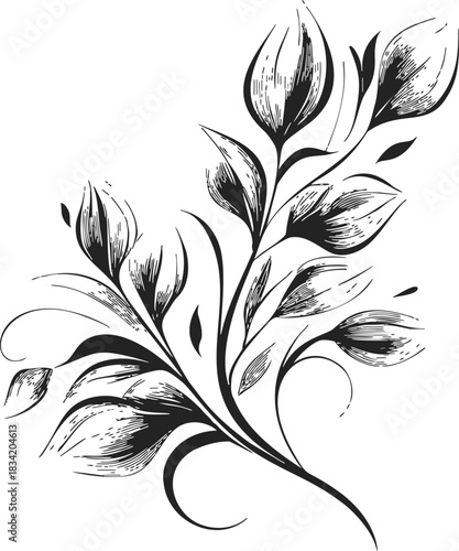 Floral branch sketch hand drawn with blooming buds and leaves. Vector illustration