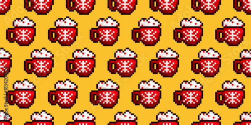 Seamless pixel pattern with red mugs of hot cocoa and whipped cream on yellow background. Cozy Christmas and winter design for wrapping paper, fabric, wallpaper and holiday festive projects.