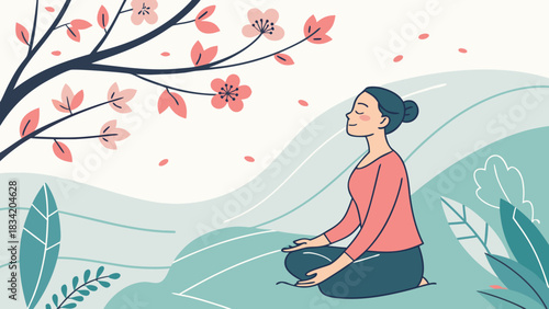 Peaceful Woman Meditating in Serene Spring Nature | Mindfulness and Wellness Concept Illustration