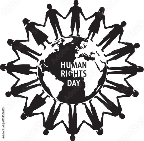 Diverse group of people holding hands around the globe symbolizing unity and human rights for all nations, Generative Ai