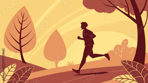Energetic Silhouette of a Person Running Outdoors in a Park Landscape at Sunrise, Flat Illustration for Healthy Lifestyle and Exercise