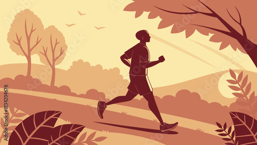 Man Jogging on a Scenic Nature Trail at Sunset or Sunrise, Promoting Healthy Lifestyle and Fitness Outdoors