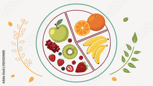 Vibrant Illustration of a Divided Plate Filled with Fresh Fruits: Apple, Orange, Banana, Berries, Kiwi. Healthy Eating, Balanced Diet, and Nutritio...