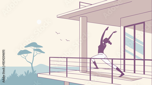 Serene Morning Yoga Practice: Woman in Warrior Pose on Modern Balcony Overlooking Peaceful Ocean Landscape, Minimalist Illustration