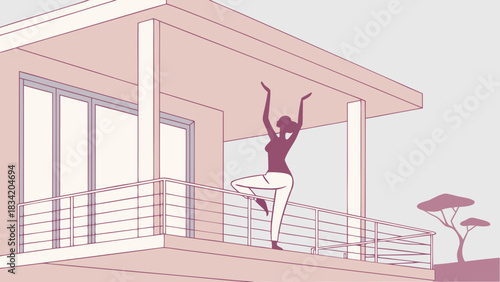 Stylized illustration of a woman in tree pose practicing yoga on a modern balcony, promoting wellness, balance, and mindful living at home.