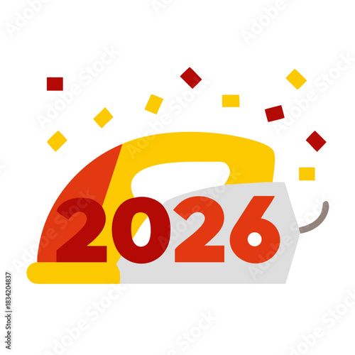 Stylized iron with the year displayed and confetti falling