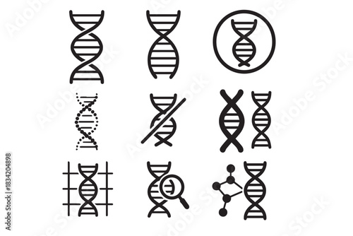Collection of genetics and DNA strand icons illustrating molecular structures, scientific analysis, gene editing concepts and laboratory research visuals