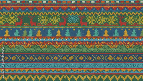 A vibrant and festive knitted pattern featuring reindeer snowflakes and christmas trees in a traditional nordic style with bold stripes and geometric motifs