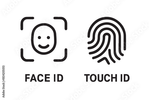 Collection of modern biometric security line icons illustrating facial recognition, fingerprint scanning, digital authentication methods, and mobile device identity technology
