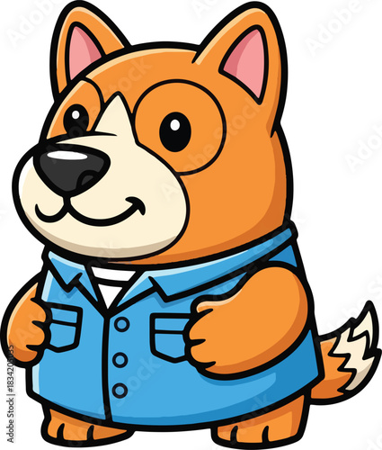 Adorable cartoon shiba inu dog character wearing a blue button up shirt standing and smiling, Generative Ai